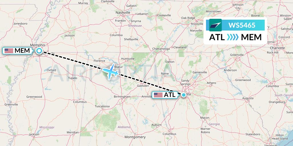 WS5465 WestJet Flight Map: Atlanta to Memphis