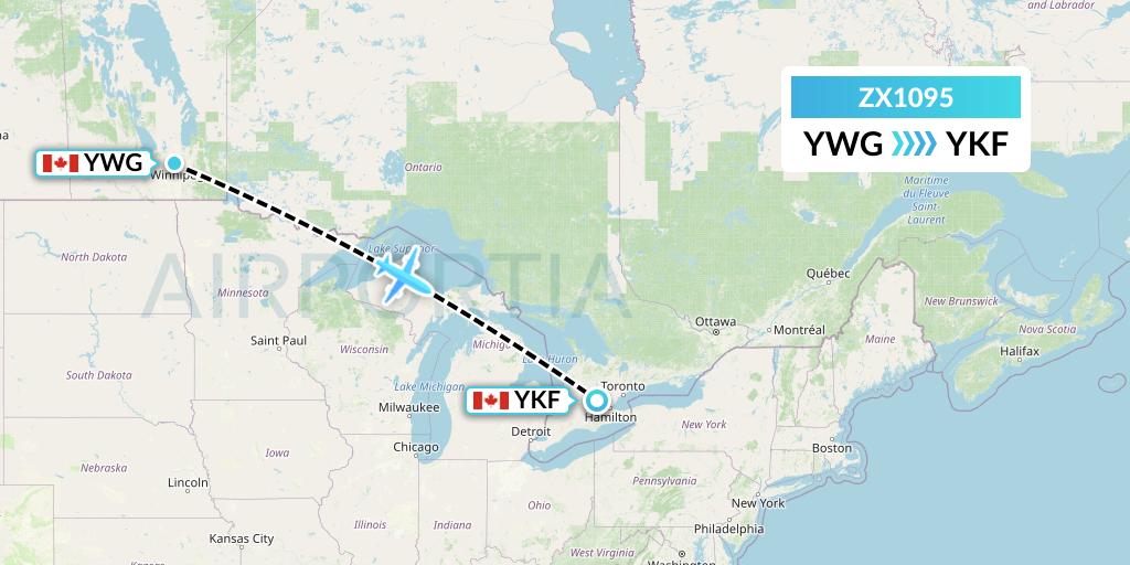 ZX1095 Air Georgian Flight Map: Winnipeg to Waterloo
