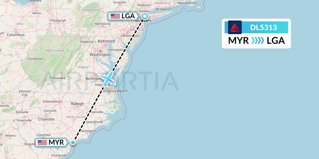 DL5313 Delta Air Lines Flight Map: Myrtle Beach to New York