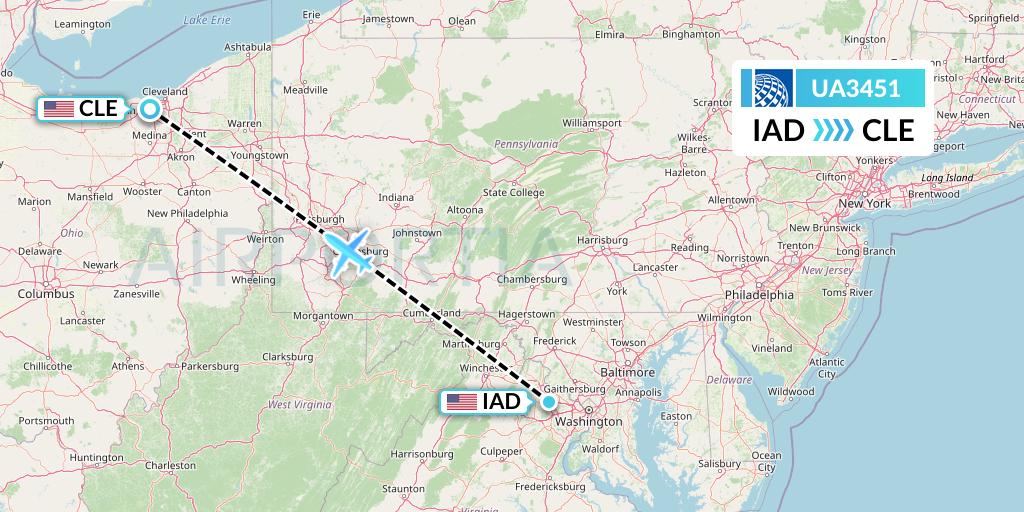 UA3451 United Airlines Flight Map: Washington to Cleveland