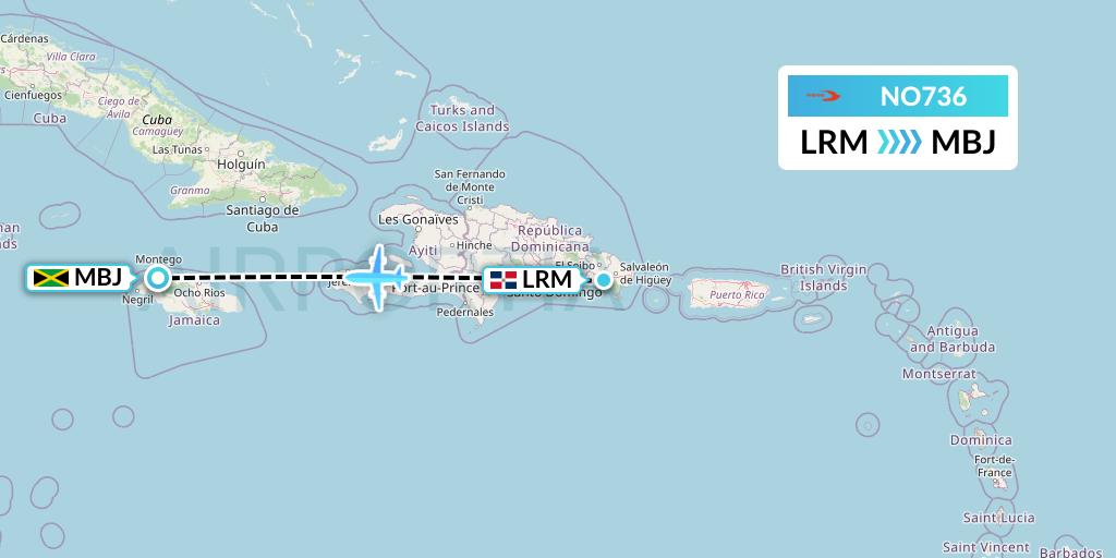 NO736 Neos Flight Map: La Romana to Montego Bay