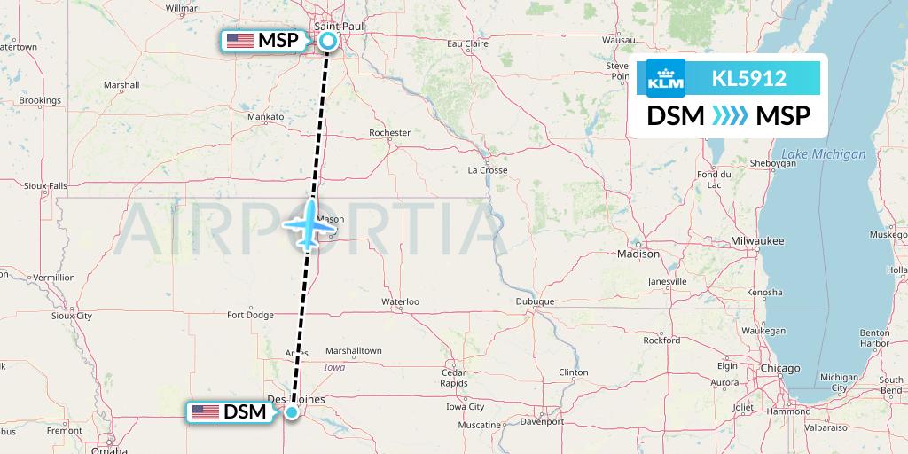 KL5912 KLM Flight Map: Des Moines to Minneapolis