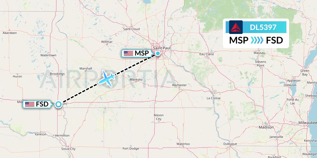DL5397 Delta Air Lines Flight Map: Minneapolis to Sioux Falls