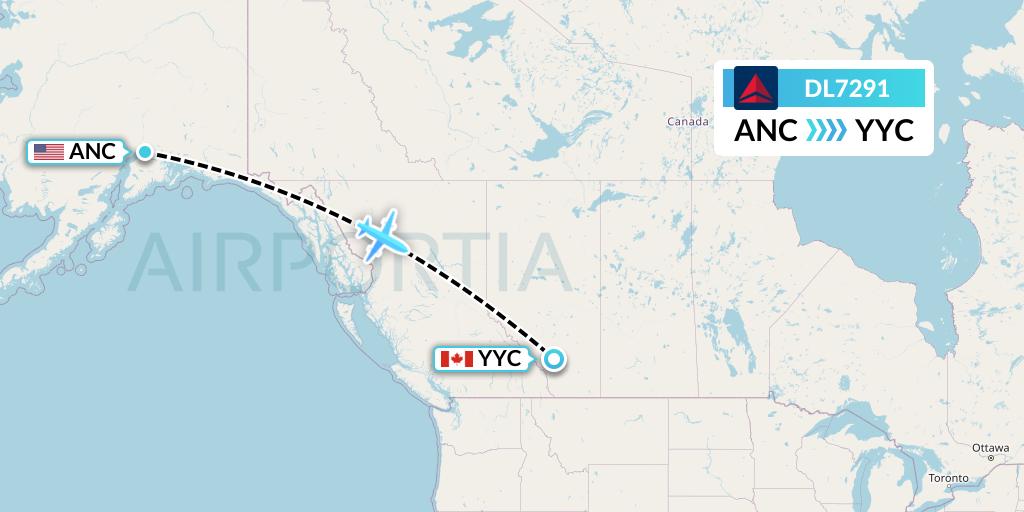 DL7291 Delta Air Lines Flight Map: Anchorage to Calgary