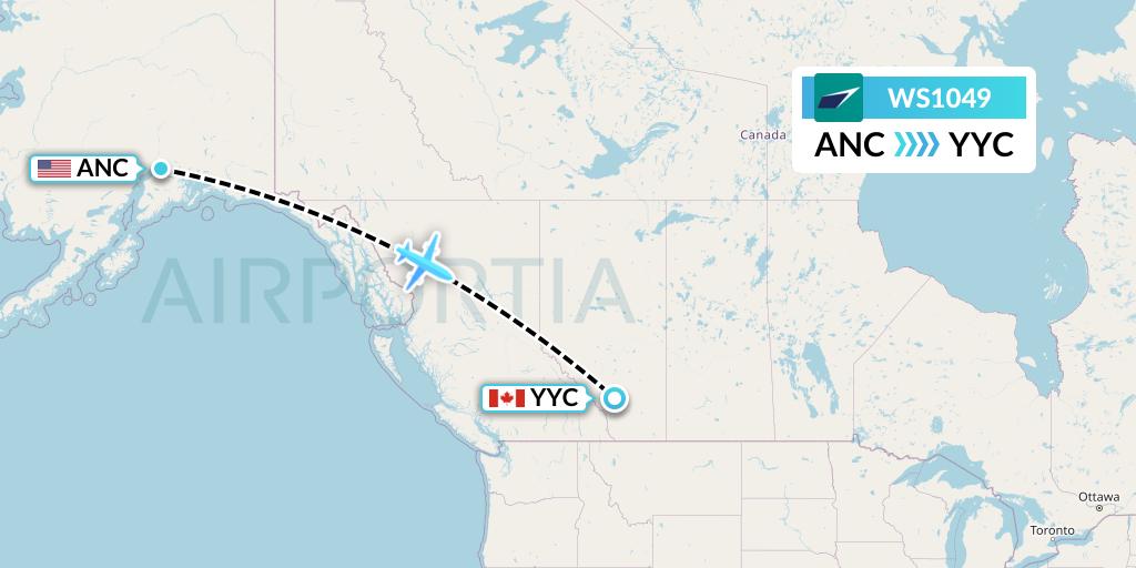 WS1049 WestJet Flight Map: Anchorage to Calgary