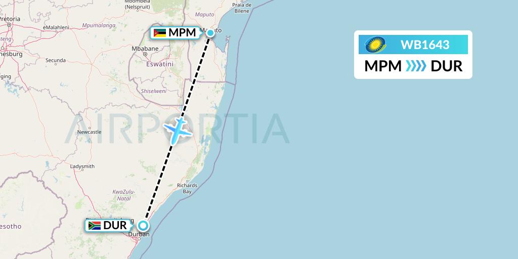 WB1643 RwandAir Flight Map: Maputo to Durban