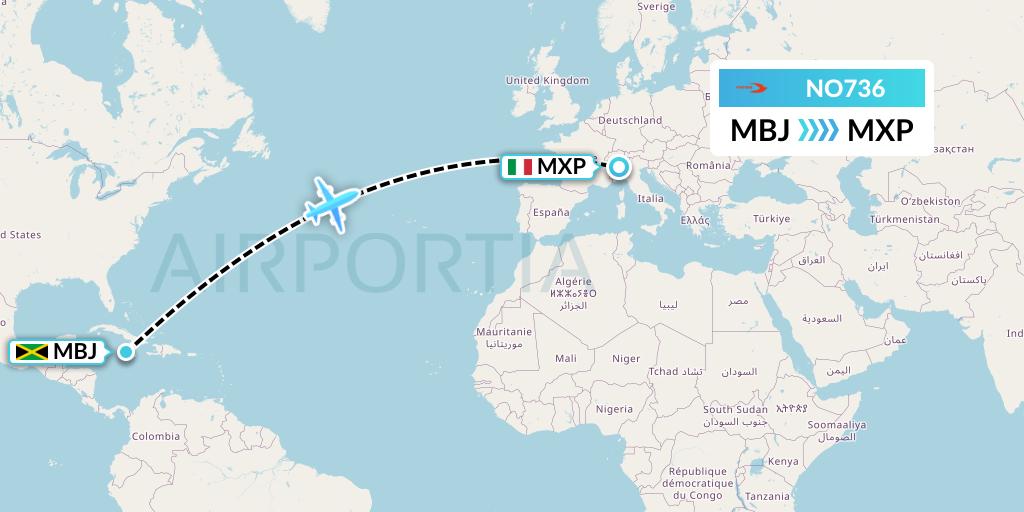 NO736 Neos Flight Map: Montego Bay to Milan