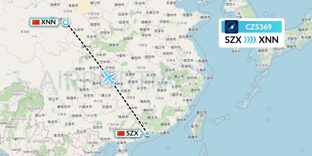 CZ5369 China Southern Airlines Flight Map: Shenzhen to Xining