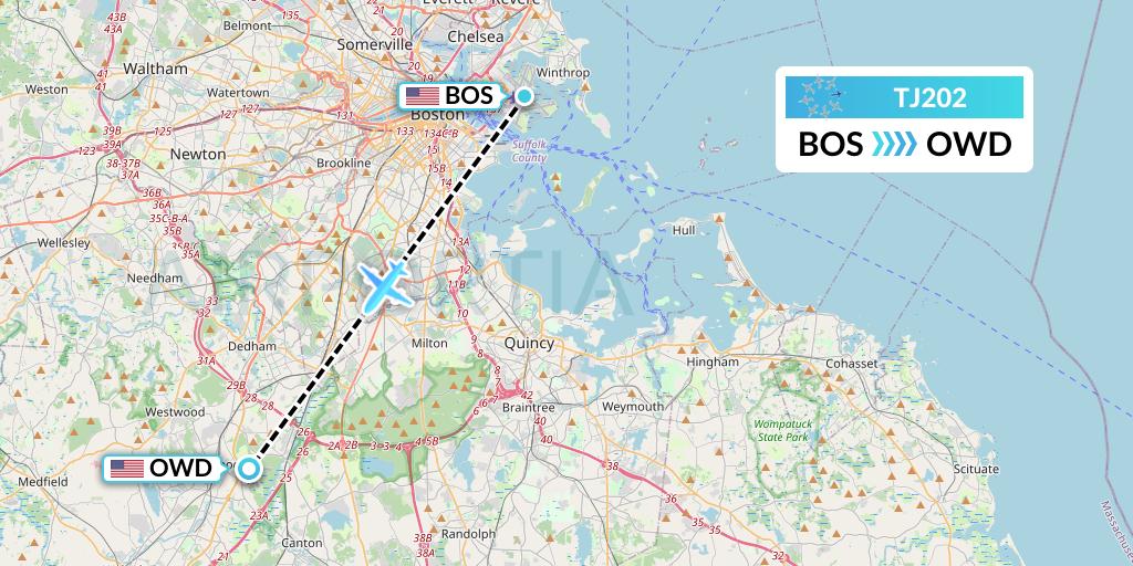 TJ202 Tradewind Aviation Flight Map: Boston to Norwood