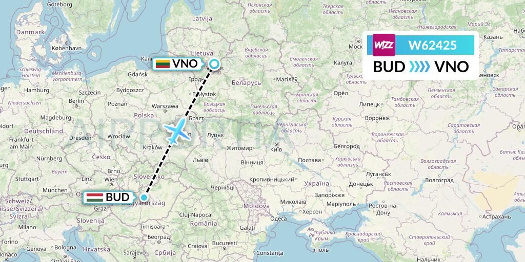 W62425 Wizz Air Flight Map: Budapest to Vilnius