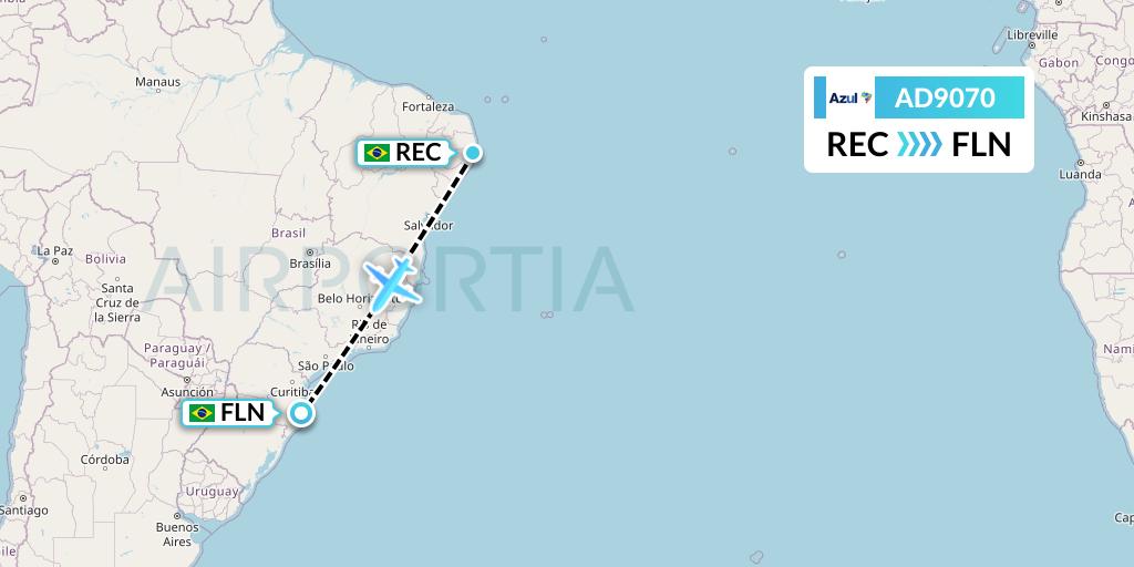 AD9070 Azul Brazilian Airlines Flight Map: Recife to Florianopolis