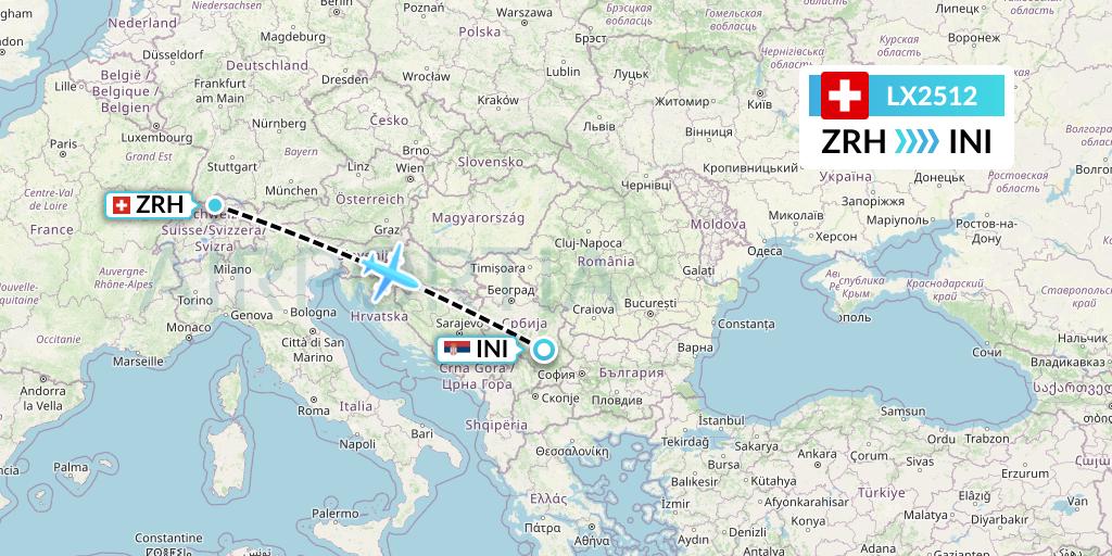 LX2512 Swiss Flight Map: Zurich to Nis