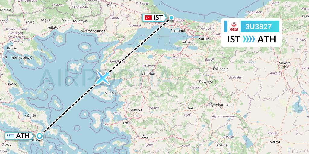 3U3827 Sichuan Airlines Flight Map: Istanbul to Athens