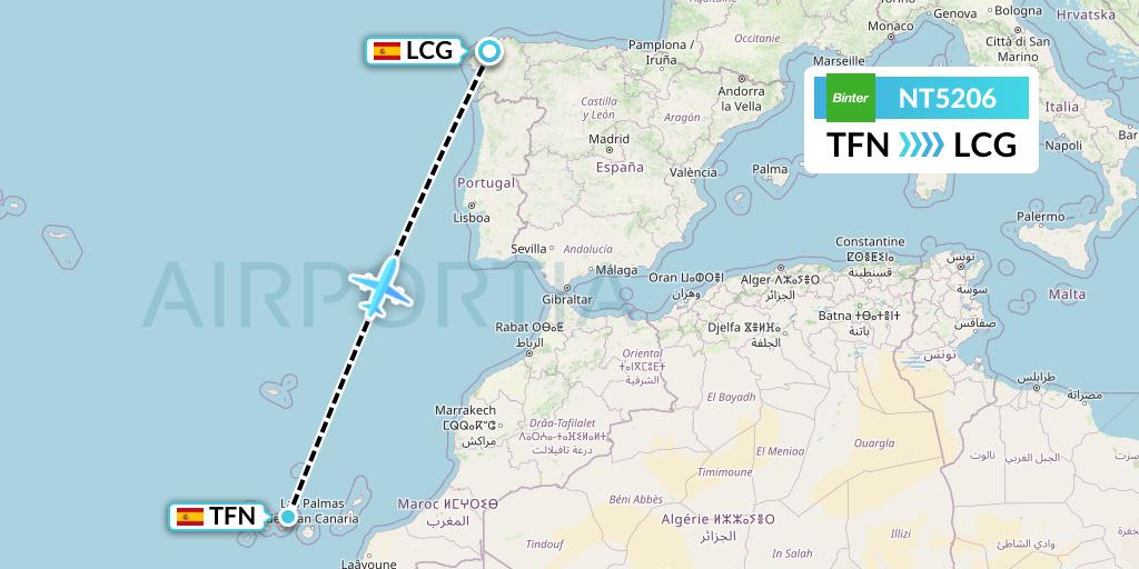 NT5206 Binter Canarias Flight Map: Tenerife to A Coruna