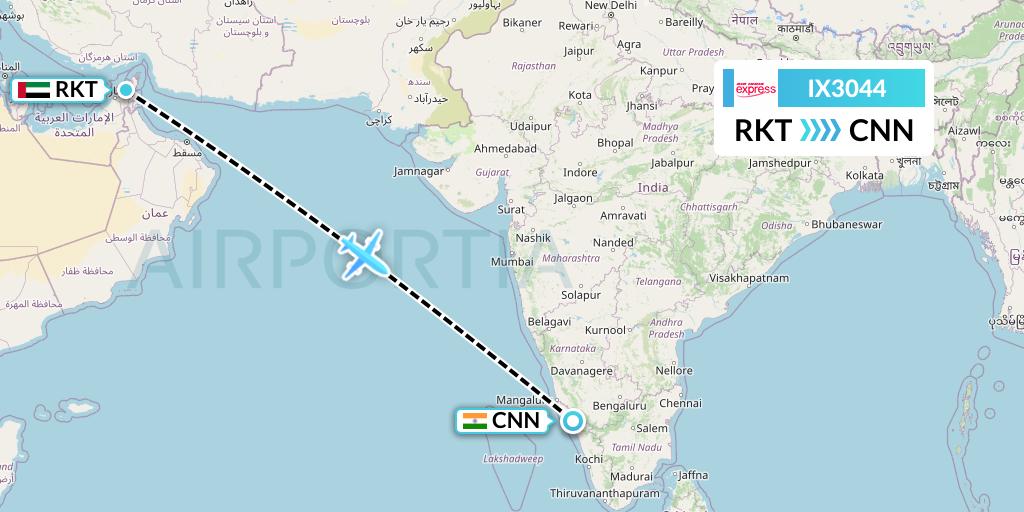 IX3044 Air India Express Flight Map: Ra'sal-Khaymah to Mattannur