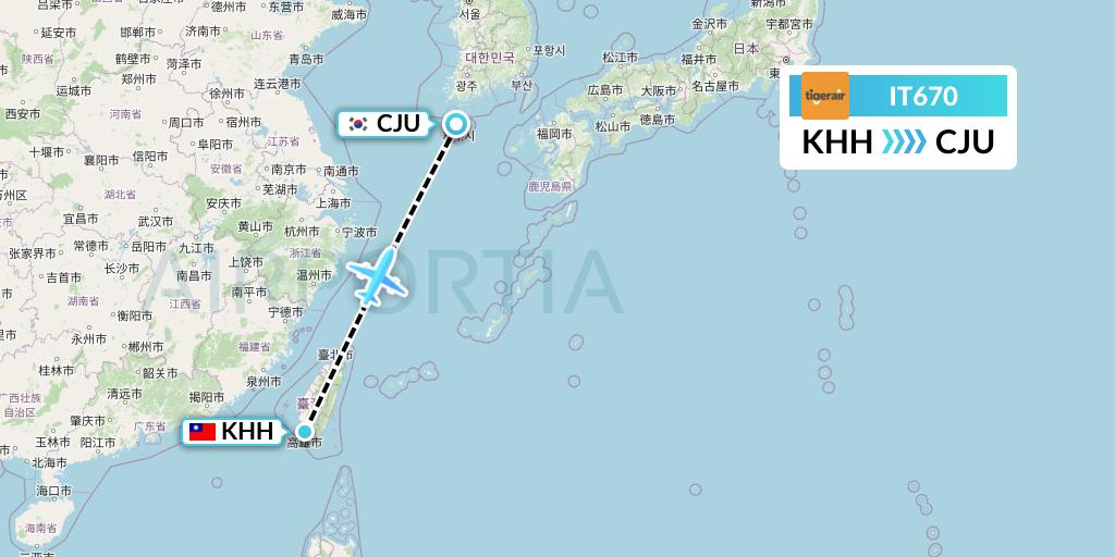 IT670 Tigerair Taiwan Flight Map: Kaohsiung to Jeju