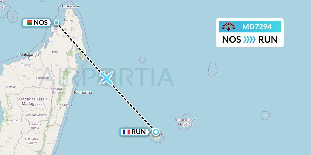 MD7294 Air Madagascar Flight Map: Nosy Be to Saint-Denis