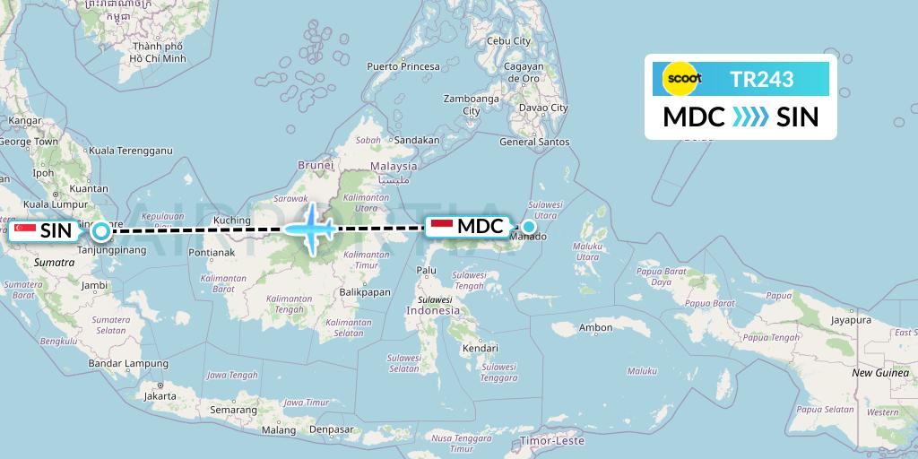 TR243 Tigerair Flight Map: Manado to Singapore