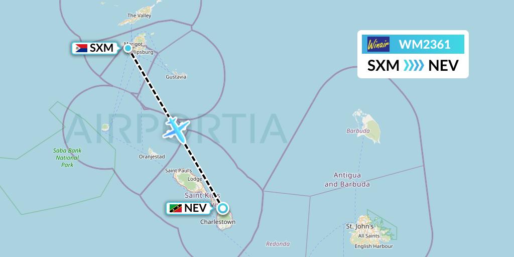 WM2361 Winair Flight Map: Sint Maarten to Nevis