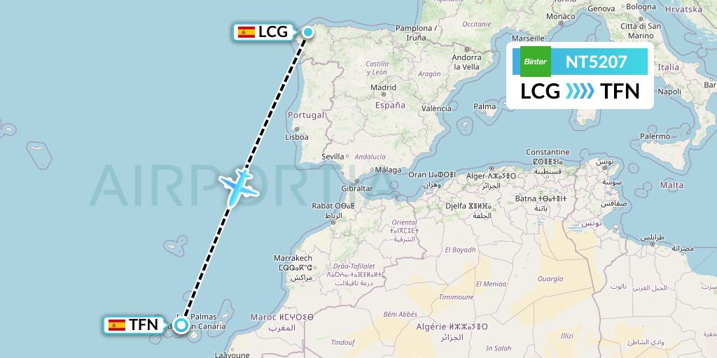 NT5207 Binter Canarias Flight Map: A Coruna to Tenerife