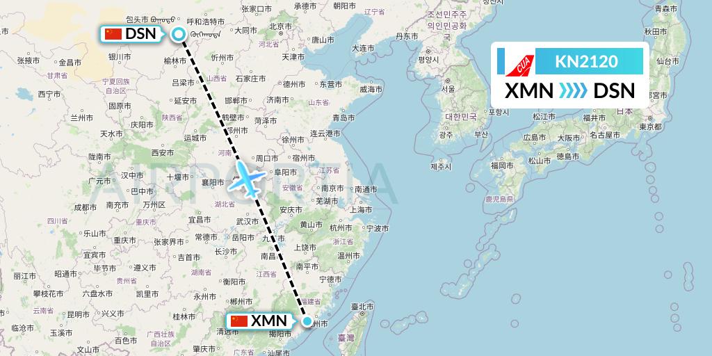 KN2120 China United Airlines Flight Map: Xiamen to Dongsheng
