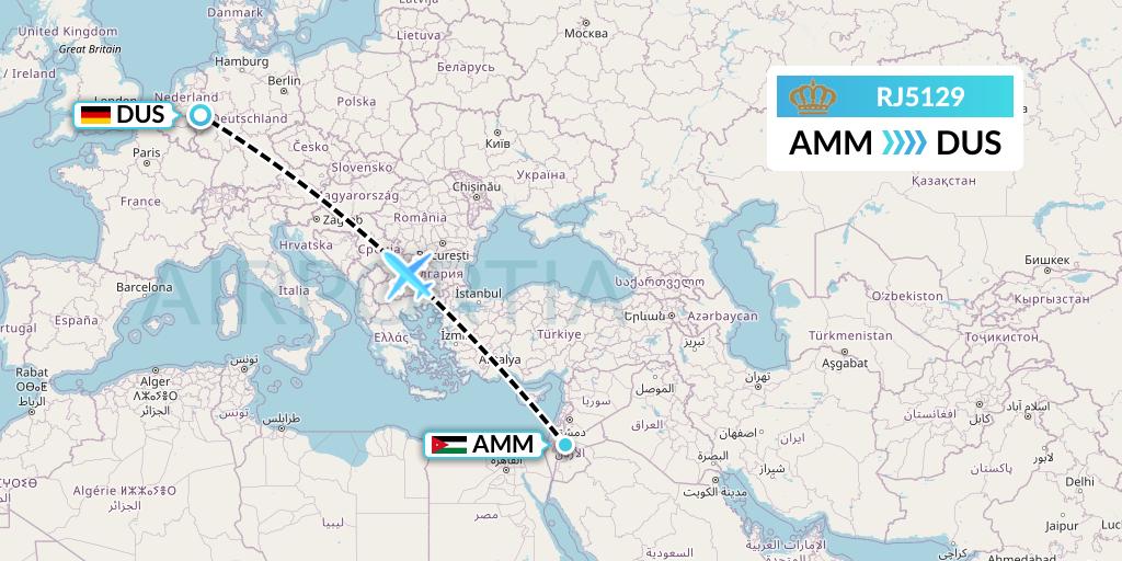 RJ5129 Royal Jordanian Flight Map: Amman to Dusseldorf
