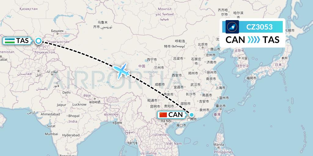 CZ3053 China Southern Airlines Flight Map: Guangzhou to Tashkent