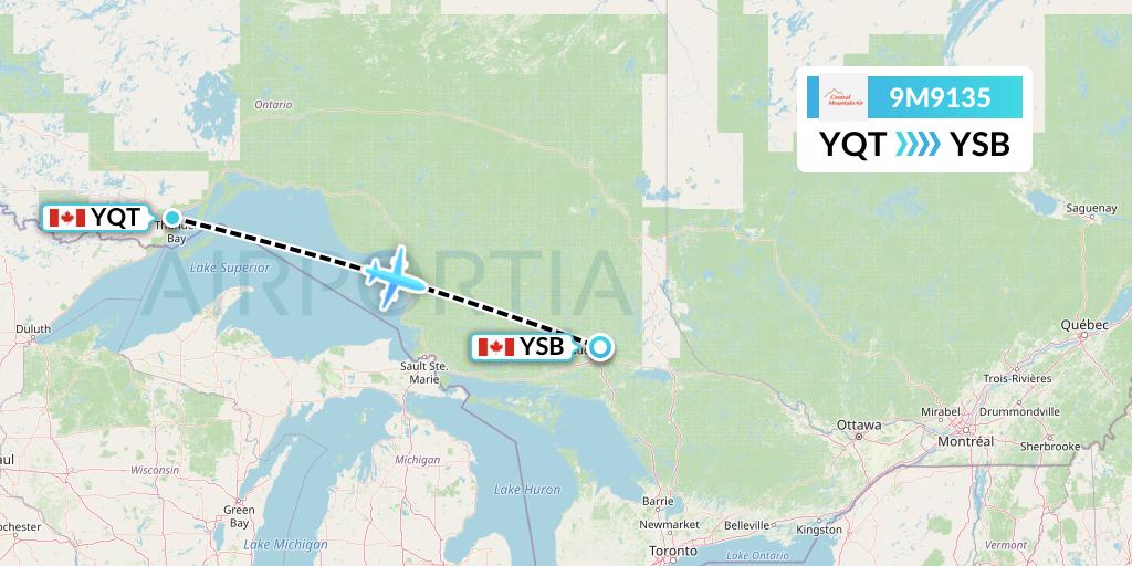 9M9135 Central Mountain Air Flight Map: Thunder Bay to Sudbury