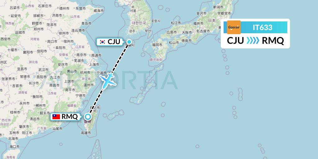 IT633 Tigerair Taiwan Flight Map: Jeju to Taichung