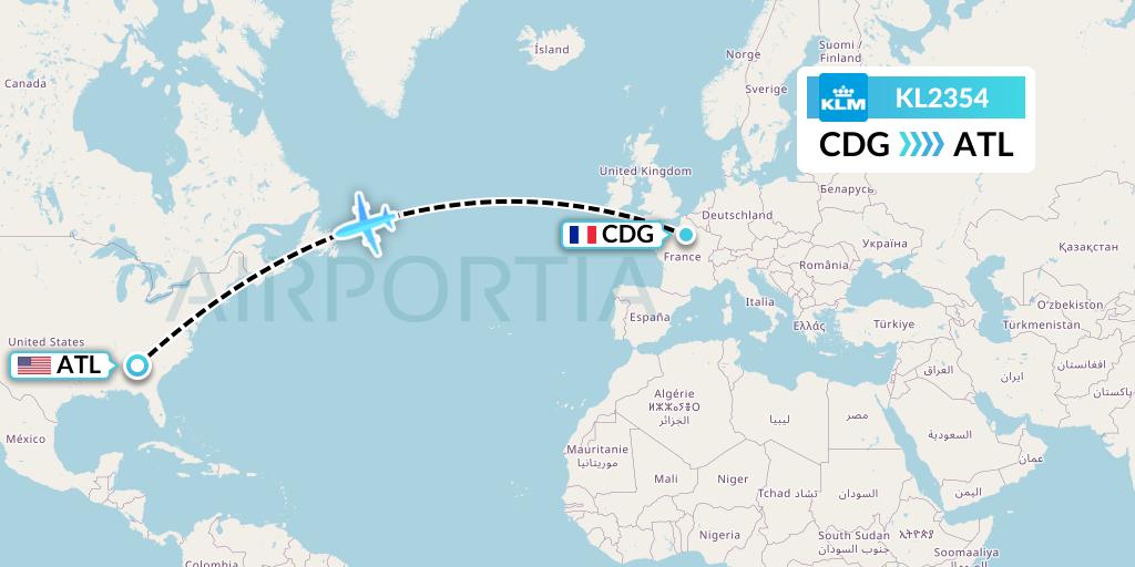 KL2354 KLM Flight Map: Paris to Atlanta