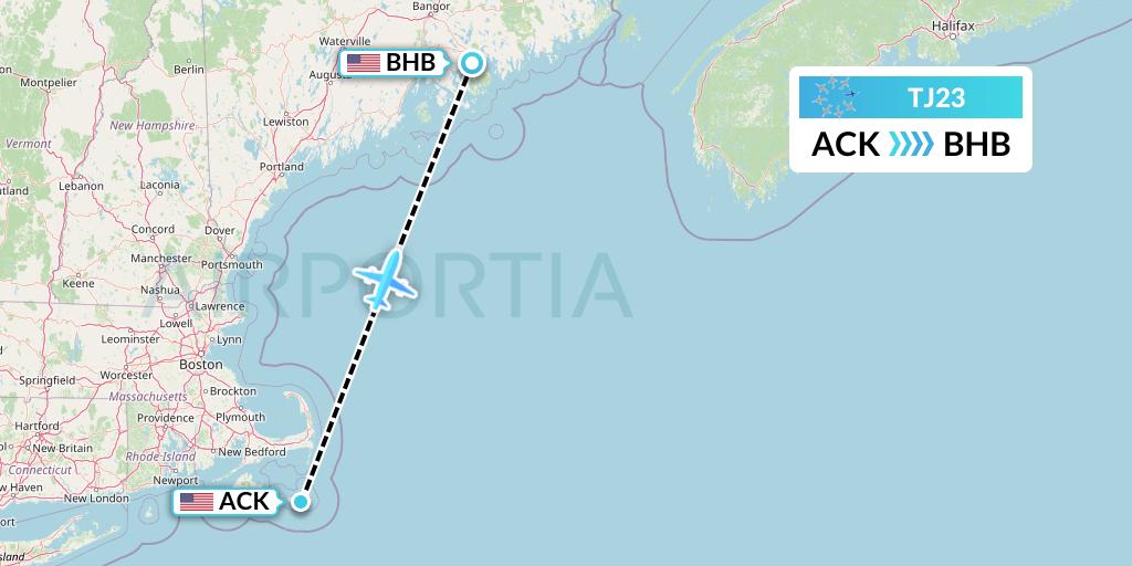 TJ23 Tradewind Aviation Flight Map: Nantucket to Bar Harbor