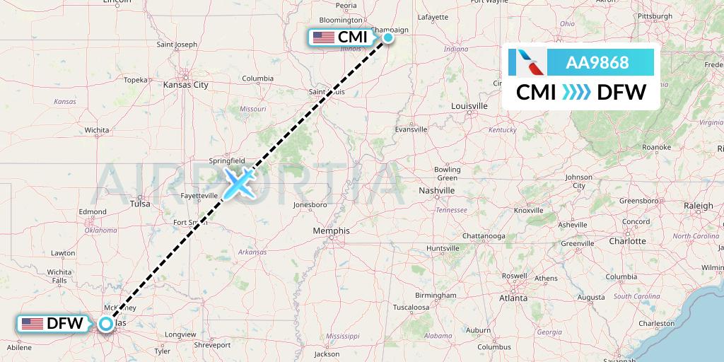 AA9868 American Airlines Flight Map: Champaign to Dallas