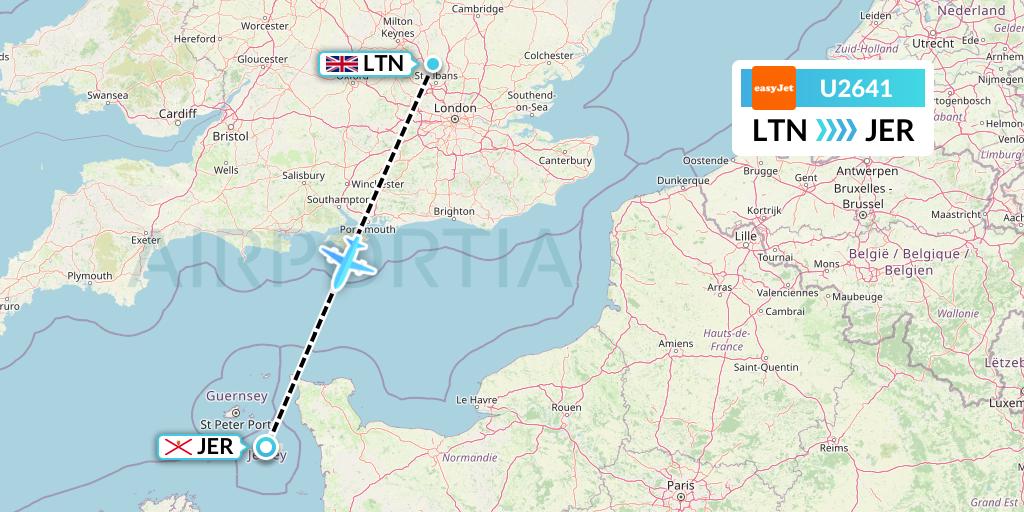 U2641 EasyJet Flight Map: London to Jersey