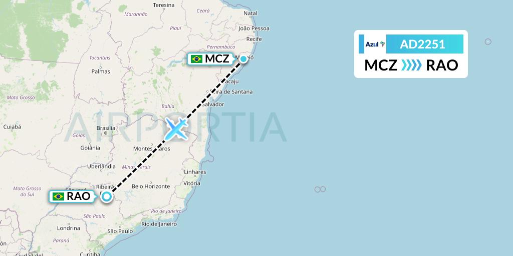 AD2251 Azul Brazilian Airlines Flight Map: Maceio to Riberao Preto