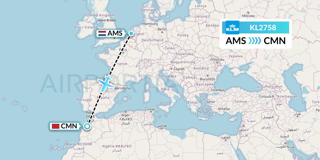 KL2758 KLM Flight Map: Amsterdam to Casablanca