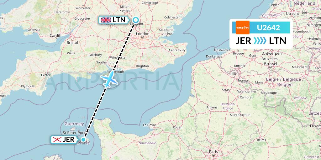 U2642 EasyJet Flight Map: Jersey to London
