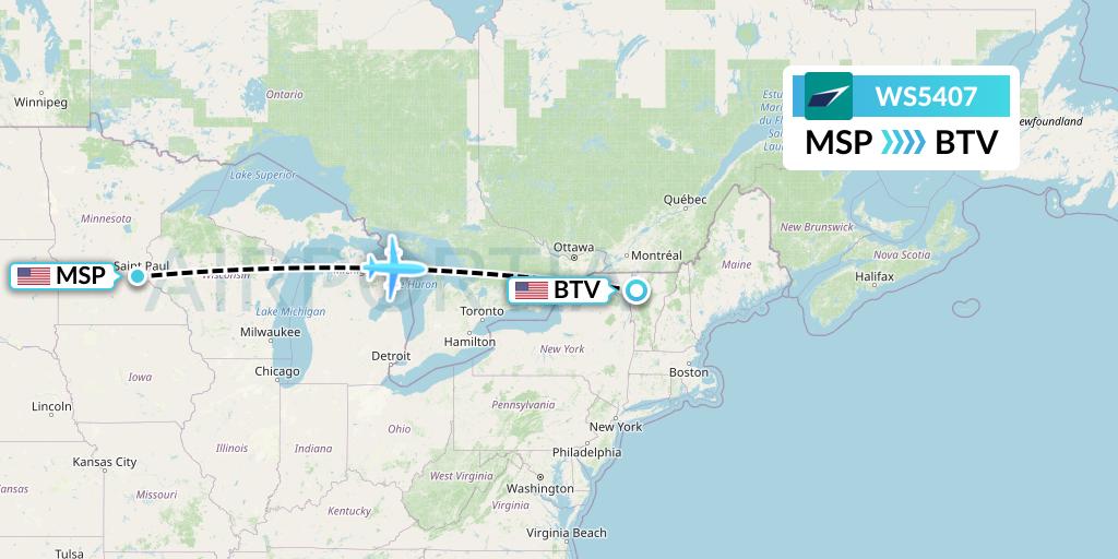 WS5407 WestJet Flight Map: Minneapolis to Burlington