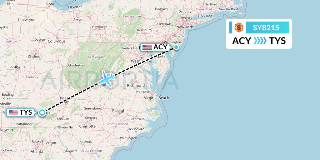 SY8215 Sun Country Airlines Flight Map: Atlantic City to Knoxville