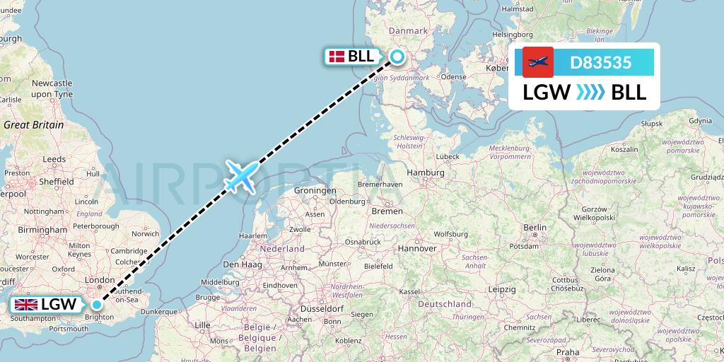 D83535 Norwegian Air International Flight Map: London to Billund