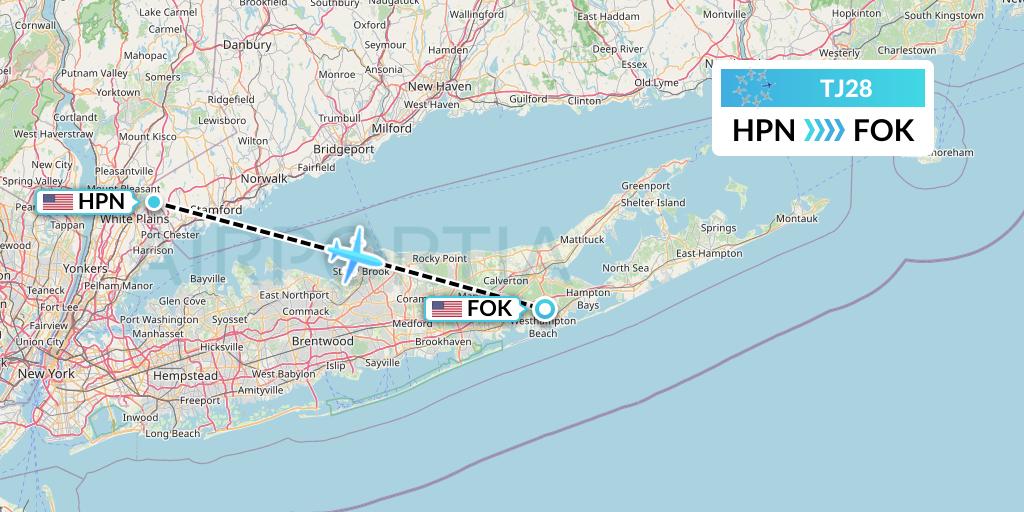 TJ28 Tradewind Aviation Flight Map: White Plains to Westhampton Beach