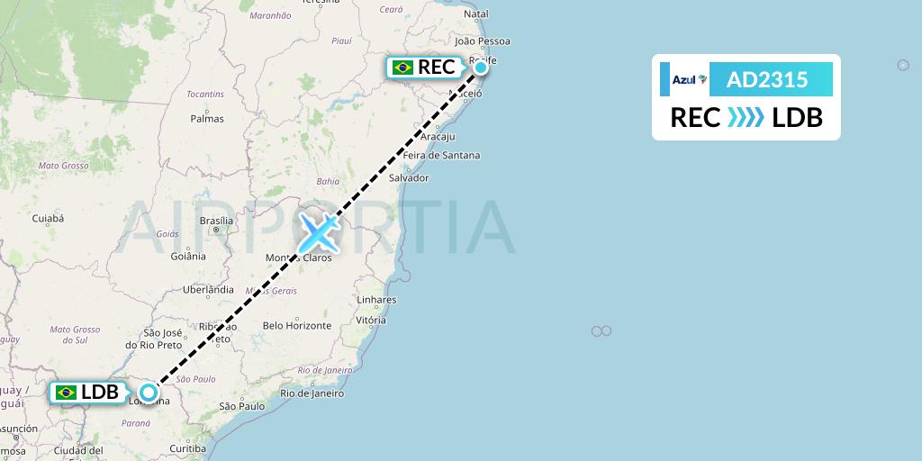 AD2315 Azul Brazilian Airlines Flight Map: Recife to Londrina