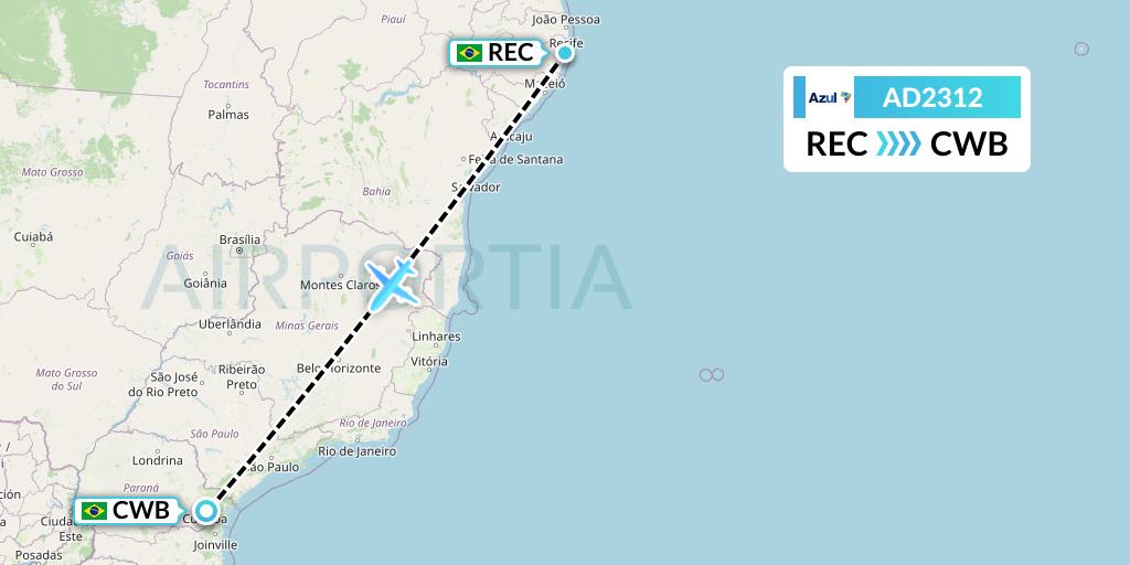 AD2312 Azul Brazilian Airlines Flight Map: Recife to Curitiba
