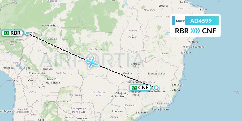 AD4599 Azul Brazilian Airlines Flight Map: Rio Branco to Belo Horizonte