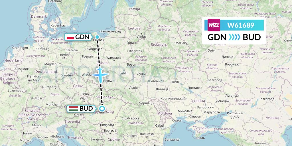 W61689 Wizz Air Flight Map: Gdansk to Budapest