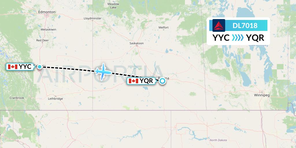 DL7018 Delta Air Lines Flight Map: Calgary to Regina