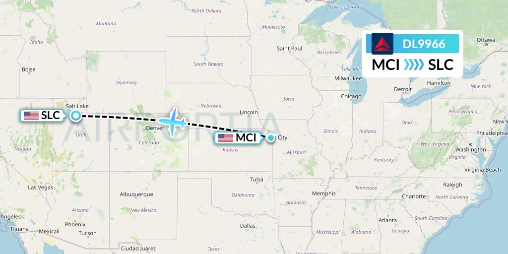 DL9966 Delta Air Lines Flight Map: Kansas City to Salt Lake City