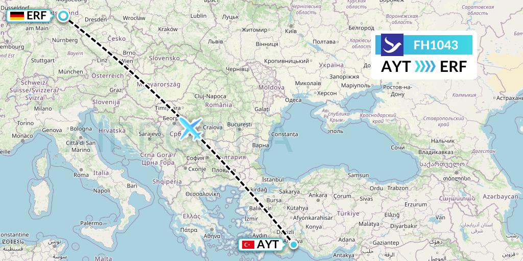 FH1043 Freebird Airlines Flight Map: Antalya to Erfurt
