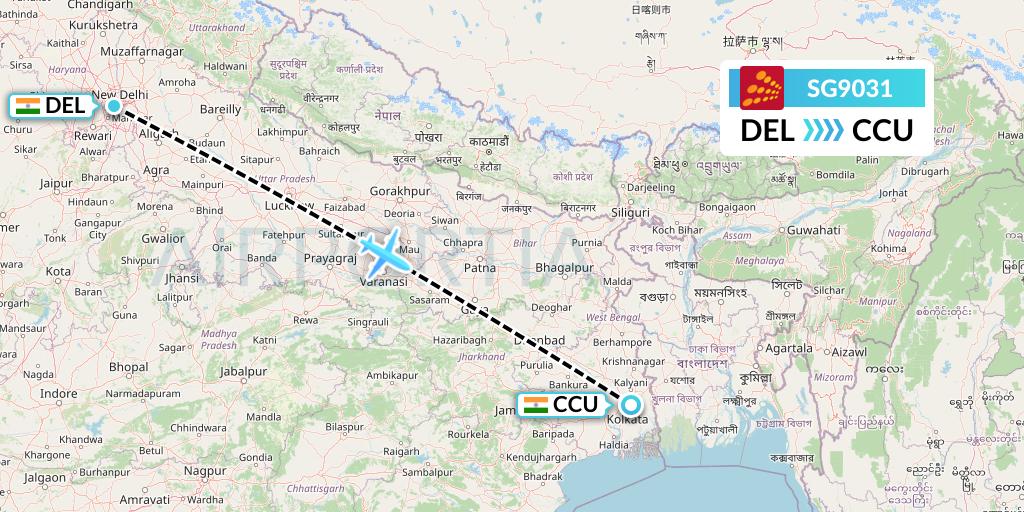 SG9031 SpiceJet Flight Map: Delhi to Kolkata