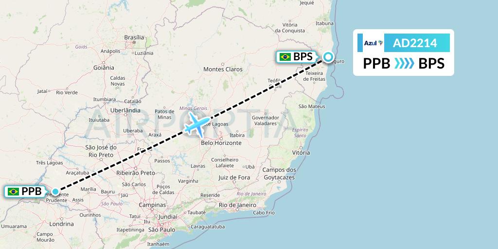 AD2214 Azul Brazilian Airlines Flight Map: Presidente Prudente to Porto Seguro