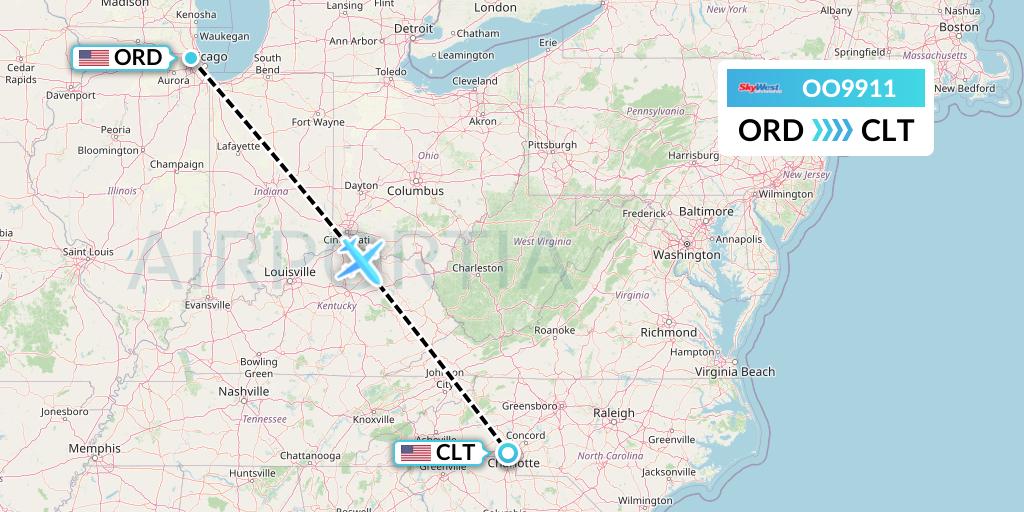 OO9911 SkyWest Airlines Flight Map: Chicago to Charlotte